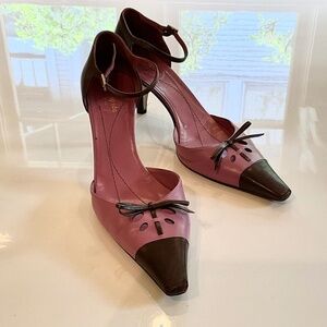 Kate Spade Purple and Brown Leather Ankle Strap Heel with Decorative Bow